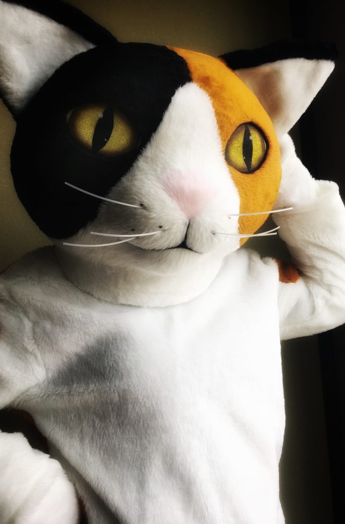 a large calico cat in orange, black, and white mascot costume