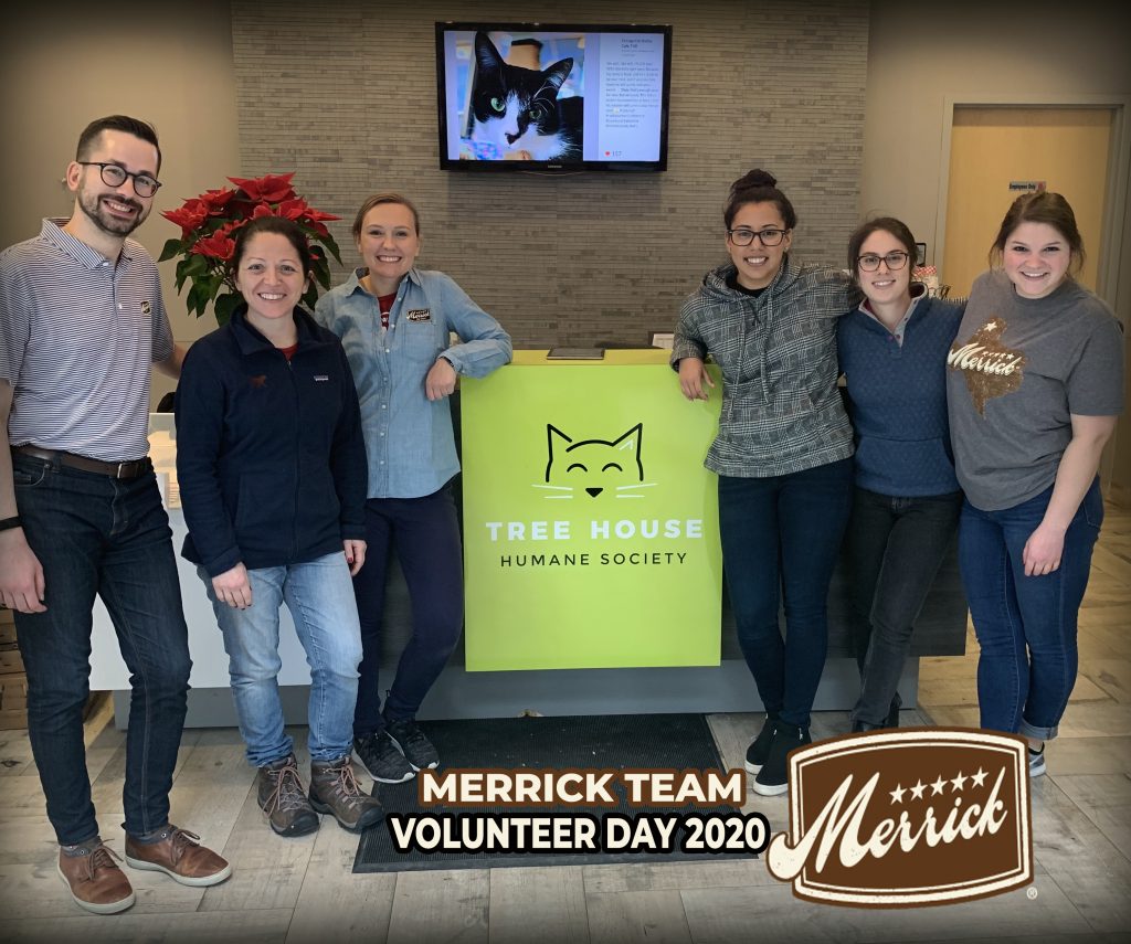 the merrick team stands in the tree house lobby by our logo